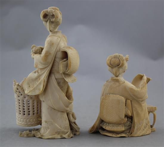 Two Japanese ivory okimono of bijin, Meiji period, 15cm.